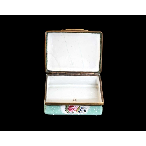 307 - A Bilston enamel snuff box, circa 1770, rectangular bombe form, the lid with a Rococo cartouche of m... 