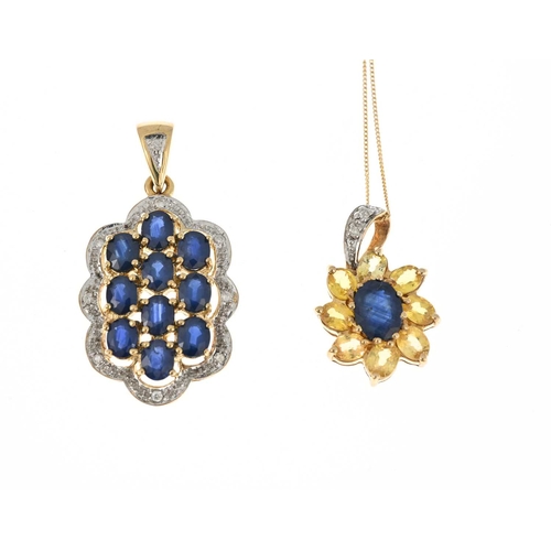 31 - Two 9ct gold sapphire and diamond pendants, one with chain, marks to indicate 9ct gold, lengths of p... 