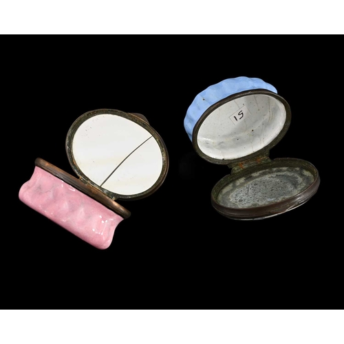 310 - Two Bilston enamel patch boxes, circa 1790, oval form with lobed bodies, each transfer printed with ... 