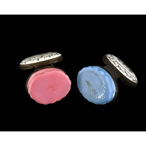 310 - Two Bilston enamel patch boxes, circa 1790, oval form with lobed bodies, each transfer printed with ... 