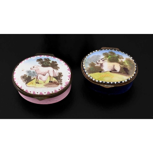 311 - Two Bilston enamel patch boxes, circa 1800, oval form, each painted with farm animals, including she... 