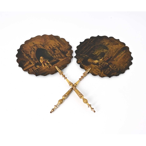 312 - A pair of Victorian papier mache and gilt turned wood face screens, each ogee bordered panel painted... 