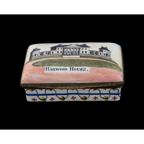 313 - A large Bilston enamel snuff box, circa 1790, cushioned cuboid form, painted with a scene of Harwood... 