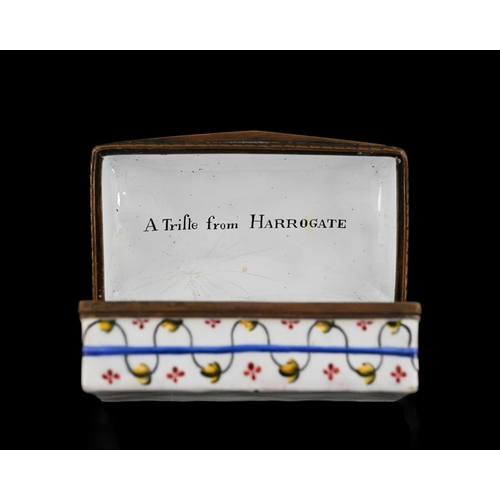 313 - A large Bilston enamel snuff box, circa 1790, cushioned cuboid form, painted with a scene of Harwood... 