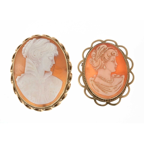 32 - Two 9ct gold shell cameo brooches, each depicting a lady in profile, hallmarks for 9ct gold, lengths... 