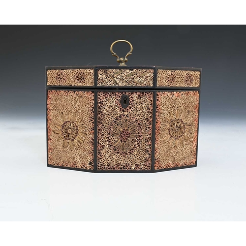 323 - A George III quill work or rolled paper tea caddy, circa 1790, of octagonal form, hinged cover with ... 