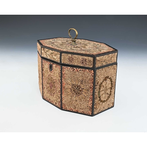 323 - A George III quill work or rolled paper tea caddy, circa 1790, of octagonal form, hinged cover with ... 