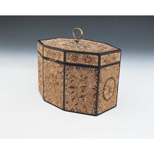 323 - A George III quill work or rolled paper tea caddy, circa 1790, of octagonal form, hinged cover with ... 