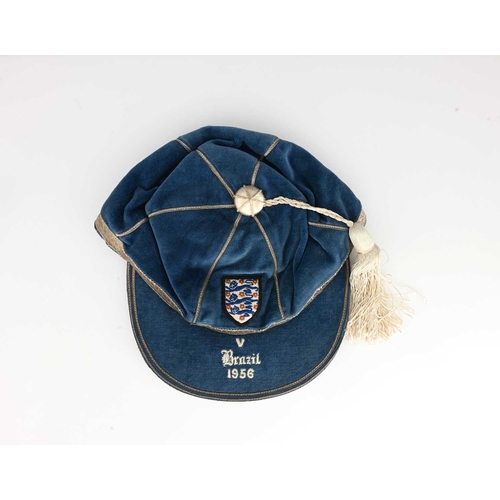 339 - Stanley Matthews, an England international football cap, v Brazil 1956, blue velvet with silver colo... 