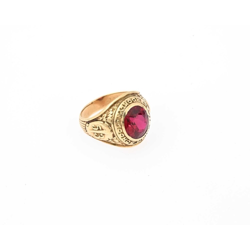 34 - A 10ct gold red gem college signet ring, inscribed Boys High School Brooklyn, stamped 10 karat, ring... 