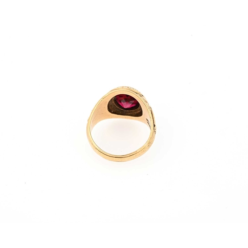 34 - A 10ct gold red gem college signet ring, inscribed Boys High School Brooklyn, stamped 10 karat, ring... 