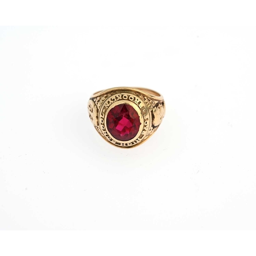 34 - A 10ct gold red gem college signet ring, inscribed Boys High School Brooklyn, stamped 10 karat, ring... 