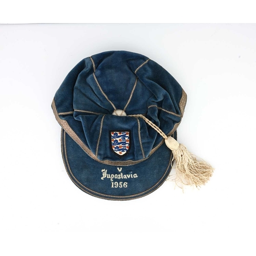 341 - Stanley Matthews, an England international football cap, v Yugoslavia 1956, blue velvet with silver ... 