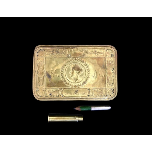 346 - World War I Officers bullet pencil, 1914, with Queen Mary cypher, together with a Christmas tin with... 