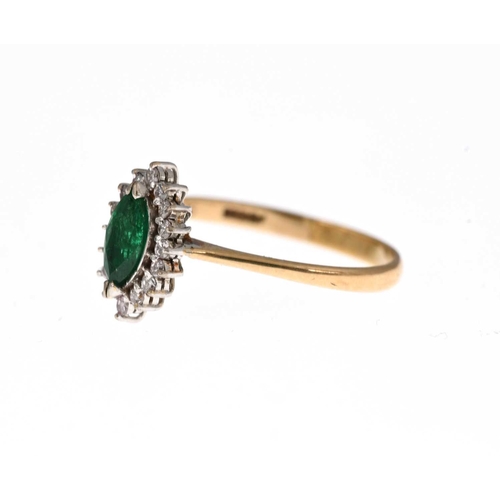 35 - A 14ct gold emerald and brilliant-cut diamond marquise-shape cluster ring, emerald weight 0.47ct, to... 