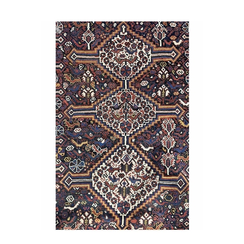 357 - A Khamseh rug, circa 1910, the three cream ground stepped medallions with animals and gemetric motif... 