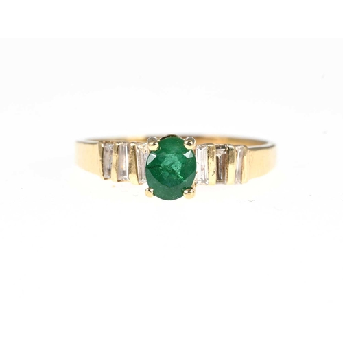 36 - A 14ct gold emerald single-stone dress ring, with tapered baguette-cut diamond line shoulders, estim... 