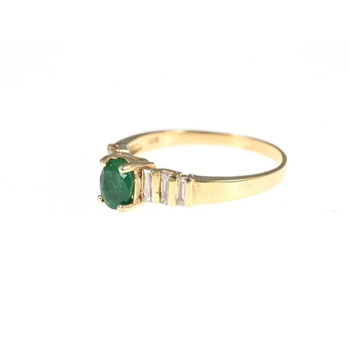 36 - A 14ct gold emerald single-stone dress ring, with tapered baguette-cut diamond line shoulders, estim... 