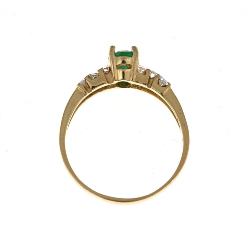 36 - A 14ct gold emerald single-stone dress ring, with tapered baguette-cut diamond line shoulders, estim... 