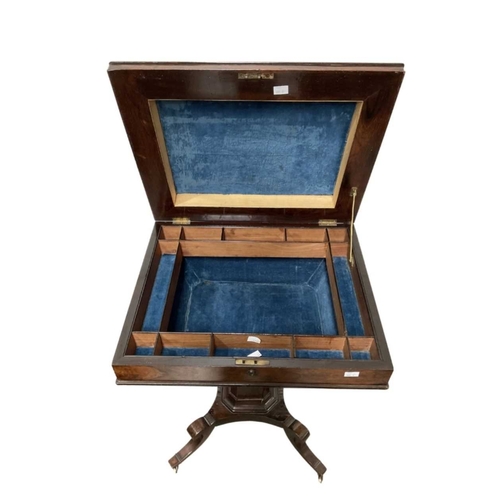 362 - A Regency rosewood work table, c.1820, hinged caddy top opening to a fitted velvet lined interior, t... 