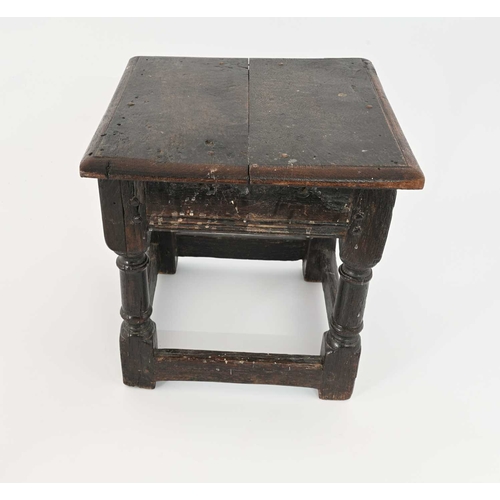 365 - An oak joint stool, probably 17th century, square panelled top on turned column legs, united by pegg... 