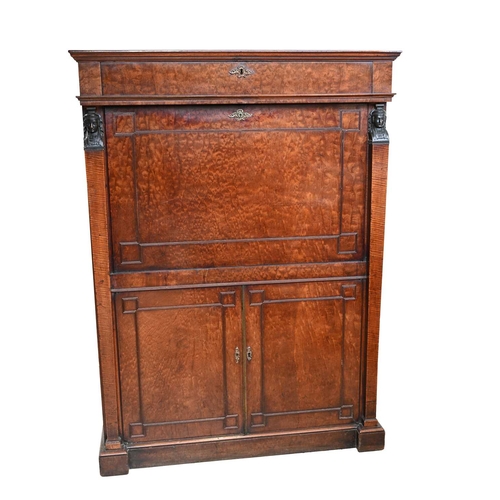 366 - An Empire design plumb pudding mahogany bureau abattant, 19th Century, plain moulded cornice, fall-f... 