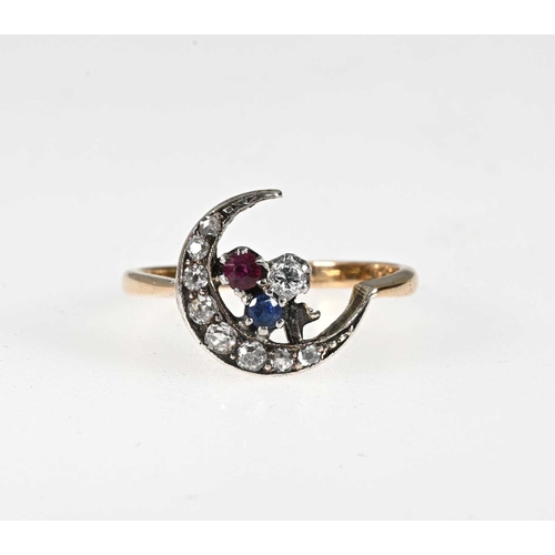 38 - A late Victorian 18ct gold and silver old-cut diamond, ruby and sapphire crescent ring, with tapered... 