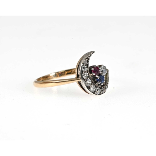 38 - A late Victorian 18ct gold and silver old-cut diamond, ruby and sapphire crescent ring, with tapered... 