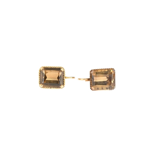 39 - A pair of 1970s 18ct gold smoky quartz earrings, estimated total quartz weight 8.80ct, mount stamped... 