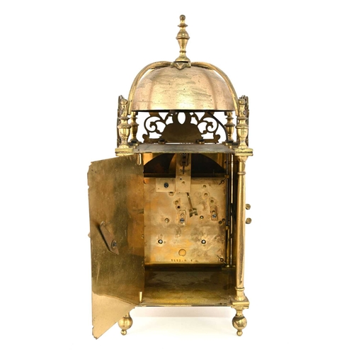 391 - A traditional brass lantern clock, 19th Century in the 17th Century style, urn finial, bell, fretwor... 