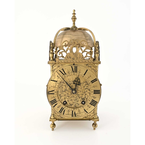 391 - A traditional brass lantern clock, 19th Century in the 17th Century style, urn finial, bell, fretwor... 