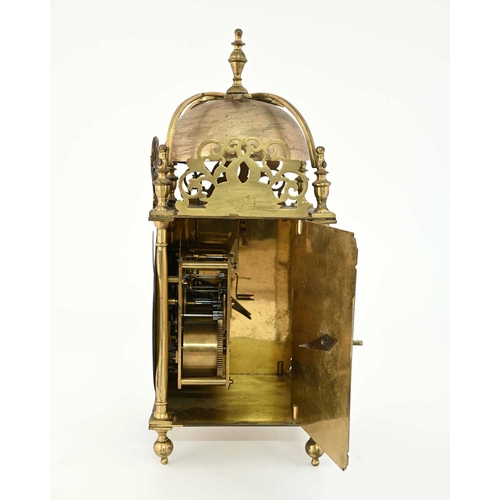 391 - A traditional brass lantern clock, 19th Century in the 17th Century style, urn finial, bell, fretwor... 