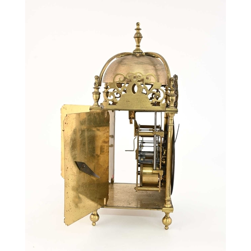 391 - A traditional brass lantern clock, 19th Century in the 17th Century style, urn finial, bell, fretwor... 