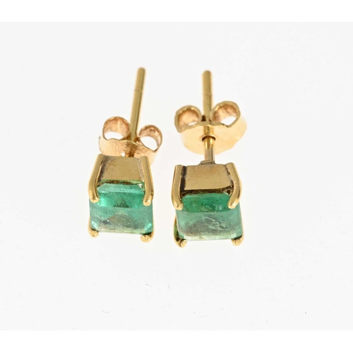 40 - A pair of gold rectangular-shape emerald single-stone stud earrings, estimated total emerald weight ... 