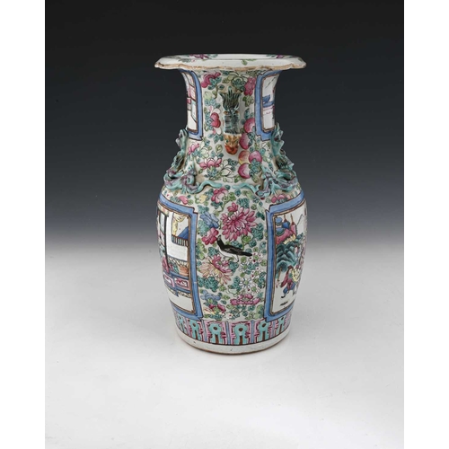 408 - A Chinese famille rose vase, shouldered form with lizard moulded neck and gilt dog handles, decorate... 