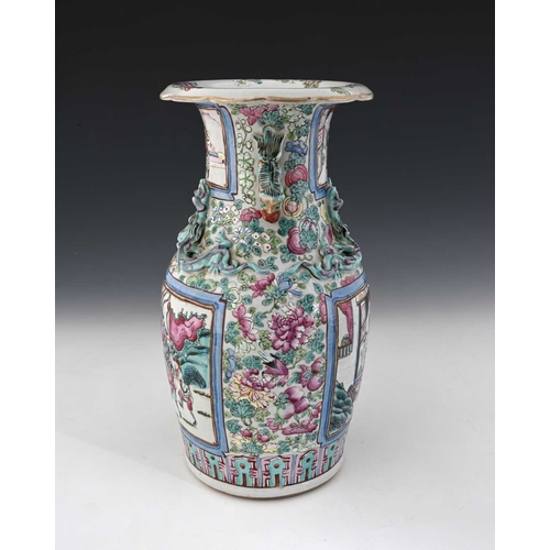 408 - A Chinese famille rose vase, shouldered form with lizard moulded neck and gilt dog handles, decorate... 