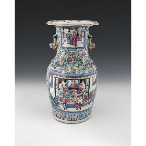 408 - A Chinese famille rose vase, shouldered form with lizard moulded neck and gilt dog handles, decorate... 