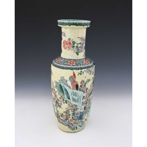 409 - A Chinese rolo shaped vase, famille verte on yellow ground, decorated in the round with fantastic bi... 