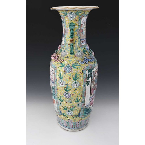 412 - A Chinese famille rose vase, shouldered form with lizard moulded neck and dog handles, decorated wit... 