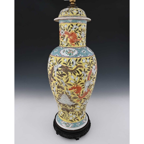 417 - A Chinese altar vase and cover, converted to a lamp, yellow ground with white carnation design, betw... 