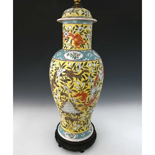 417 - A Chinese altar vase and cover, converted to a lamp, yellow ground with white carnation design, betw... 