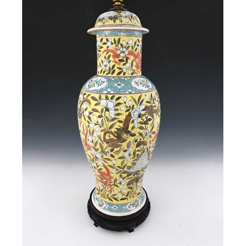 417 - A Chinese altar vase and cover, converted to a lamp, yellow ground with white carnation design, betw... 