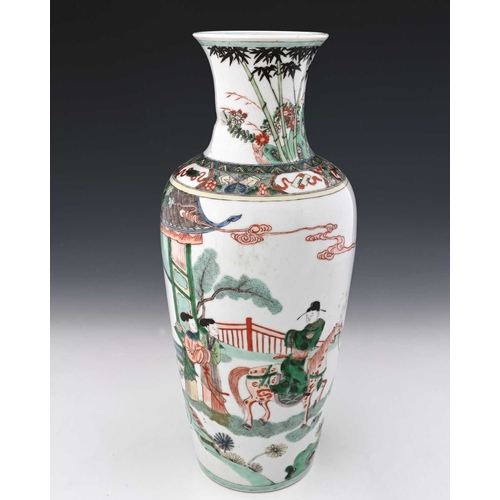 419 - A Chinese famille verte vase, shouldered form, painted in the round with equestrian figure and atten... 