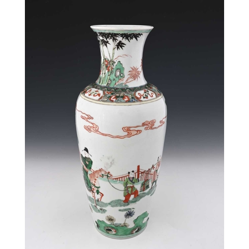 419 - A Chinese famille verte vase, shouldered form, painted in the round with equestrian figure and atten... 