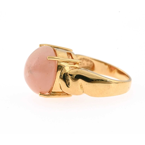 42 - An 18ct gold pink opal cabochon single-stone ring, opal measures approximately 14 by 12mm, hallmarks... 