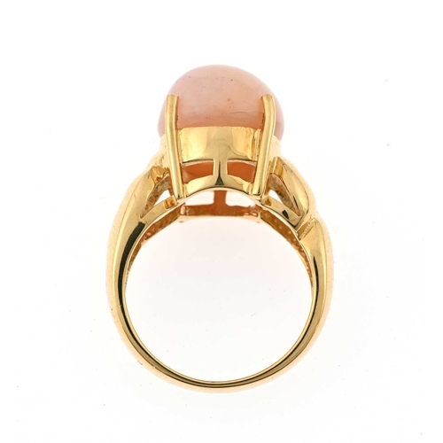 42 - An 18ct gold pink opal cabochon single-stone ring, opal measures approximately 14 by 12mm, hallmarks... 