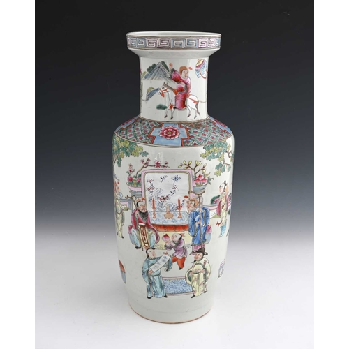 421 - A Chinese rolo shaped famille rose vase, painted in the round with courtly figures in a garden lands... 