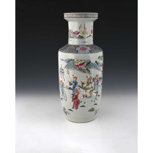 421 - A Chinese rolo shaped famille rose vase, painted in the round with courtly figures in a garden lands... 