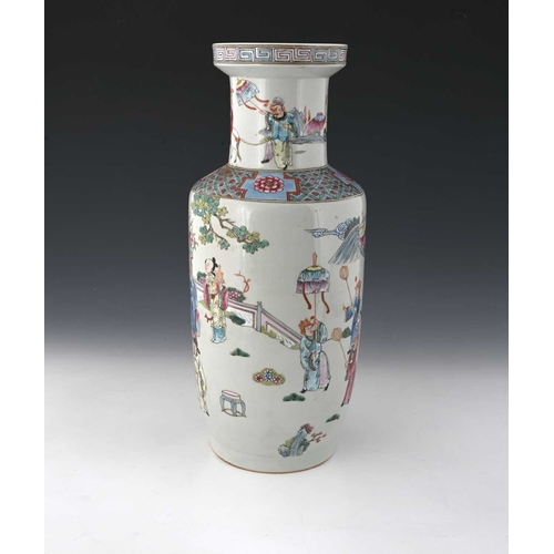 421 - A Chinese rolo shaped famille rose vase, painted in the round with courtly figures in a garden lands... 