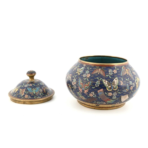 427 - An Oriental cloisonne enamel koro, ovoid form with cover, blue ground decorated with butterflies and... 